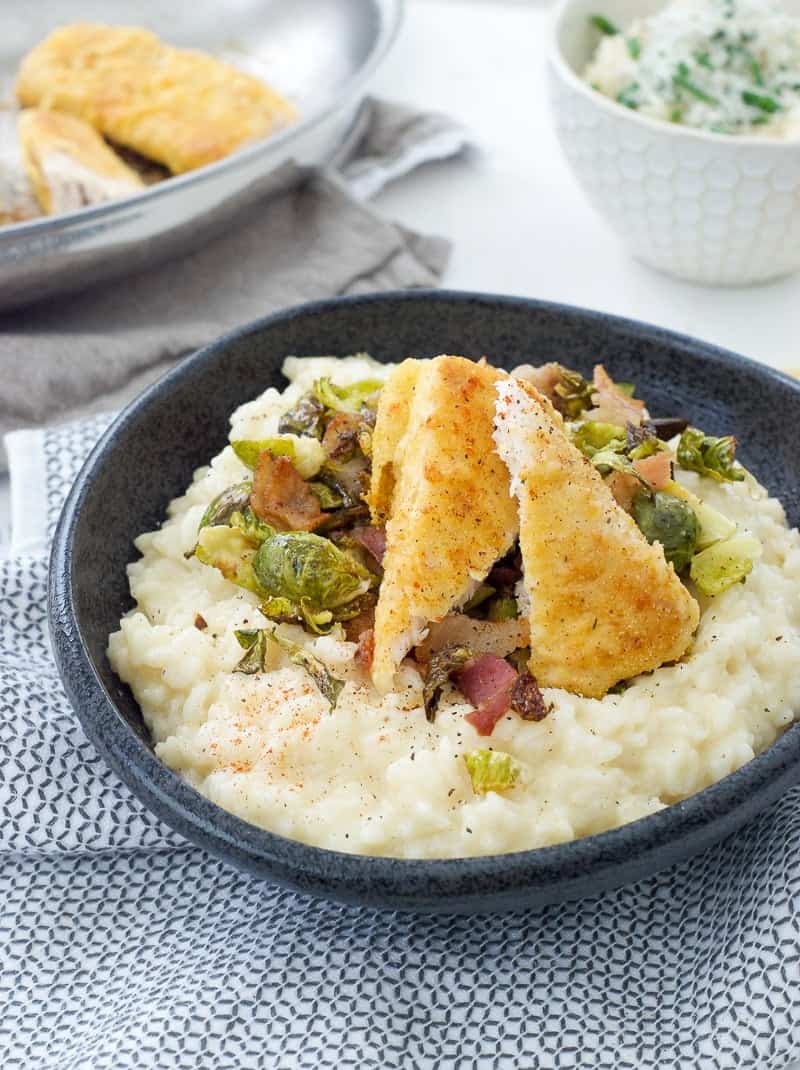 Crisp Mahi-Mahi with Bacon Brussels and Risotto - Oh So Delicioso