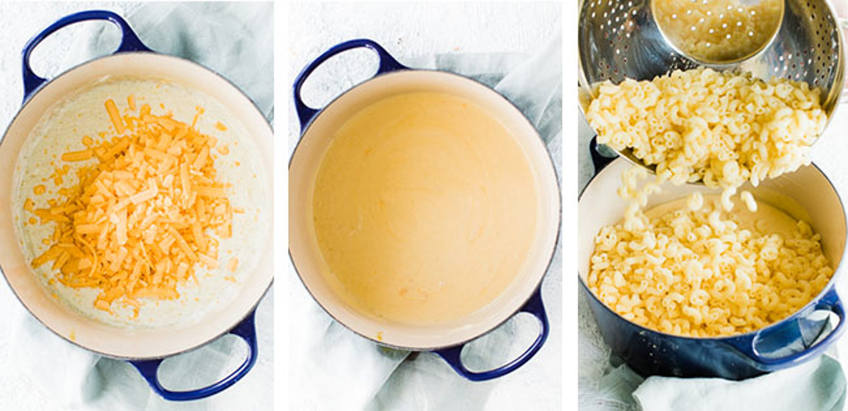 Steps to stirring in cheese for the sauce.