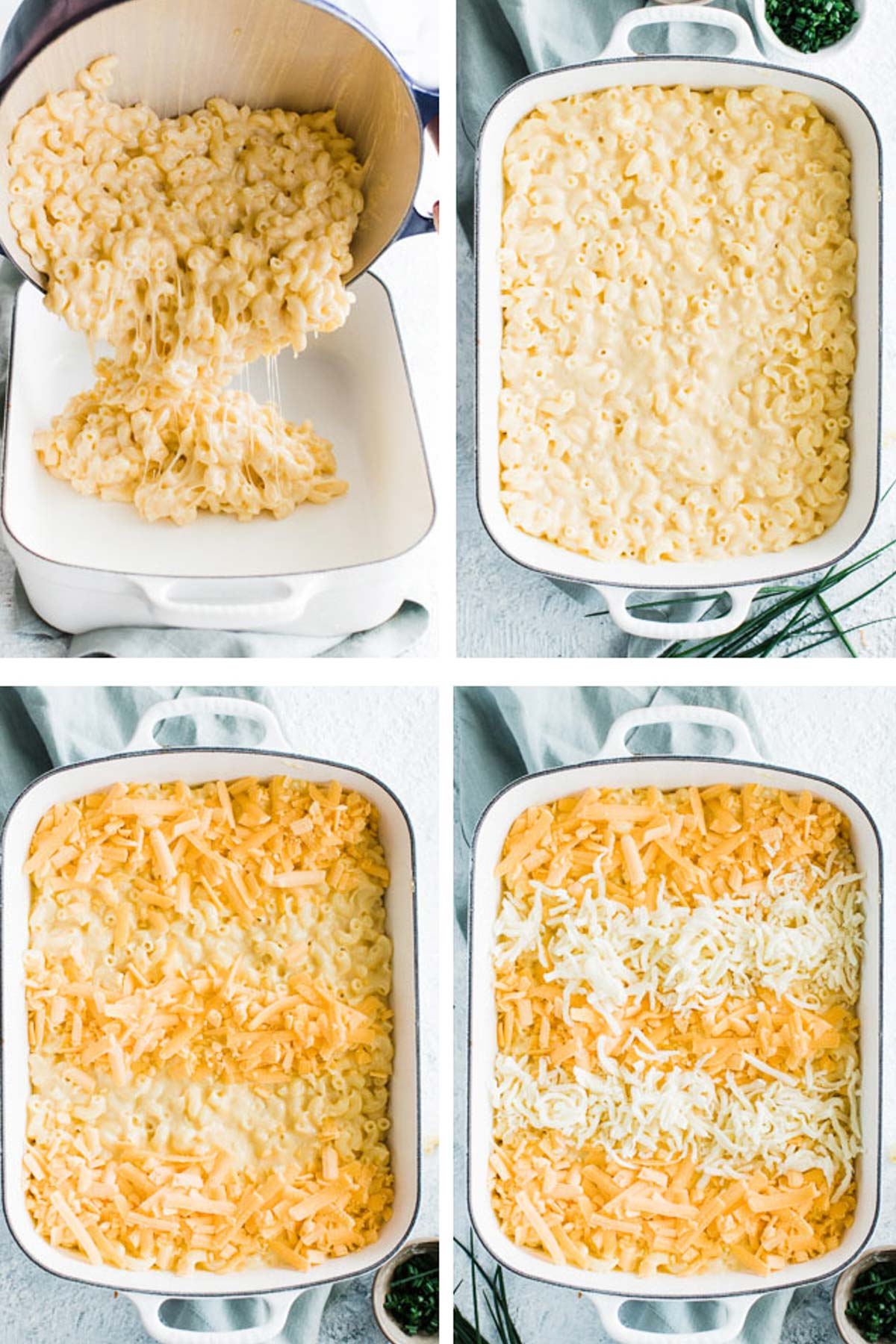 Collage showing steps to pouring in and topping mac and cheese for baking.