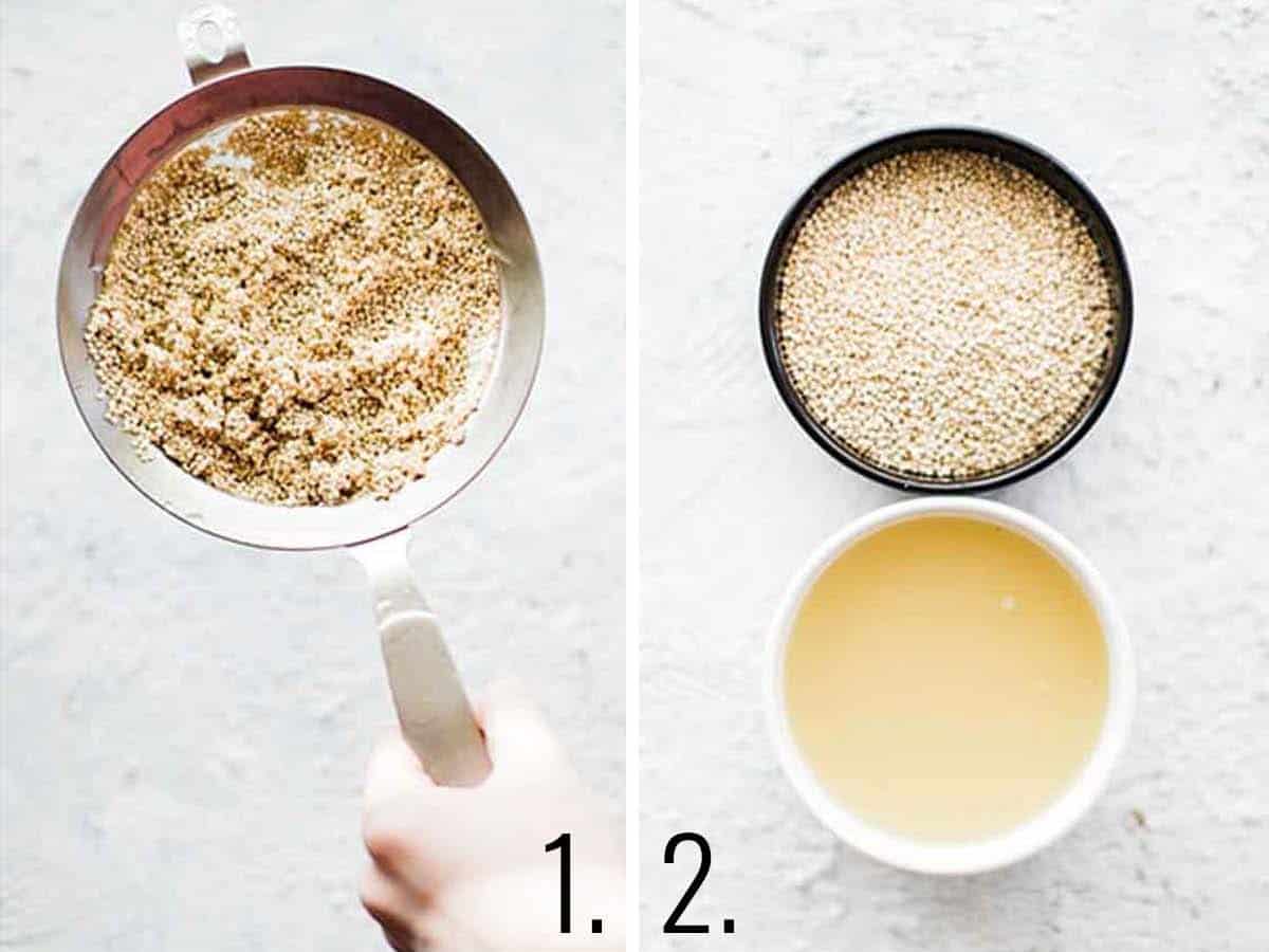 Collage showing rinsing the quinoa and then next to a bowl of broth.