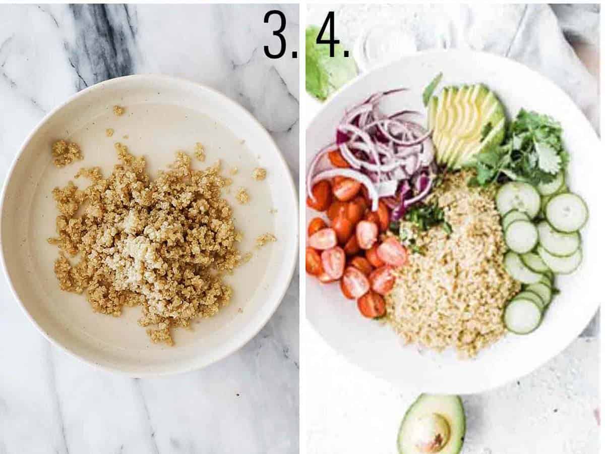 Collage showing adding the quinoa to a bowl followed by all the toppings.