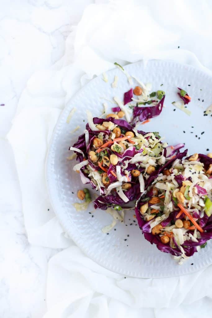 close up of Copycat Peanut Slaw on a white plate