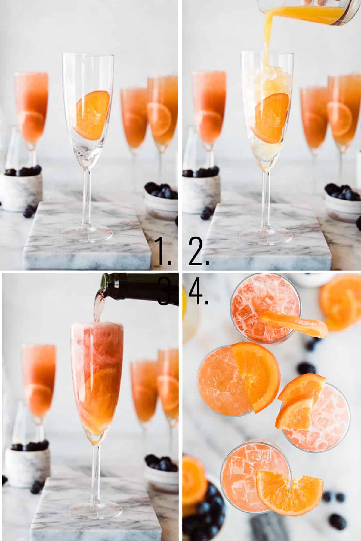 A collage showing the steps for making mimosa mocktails in champagne glasses.