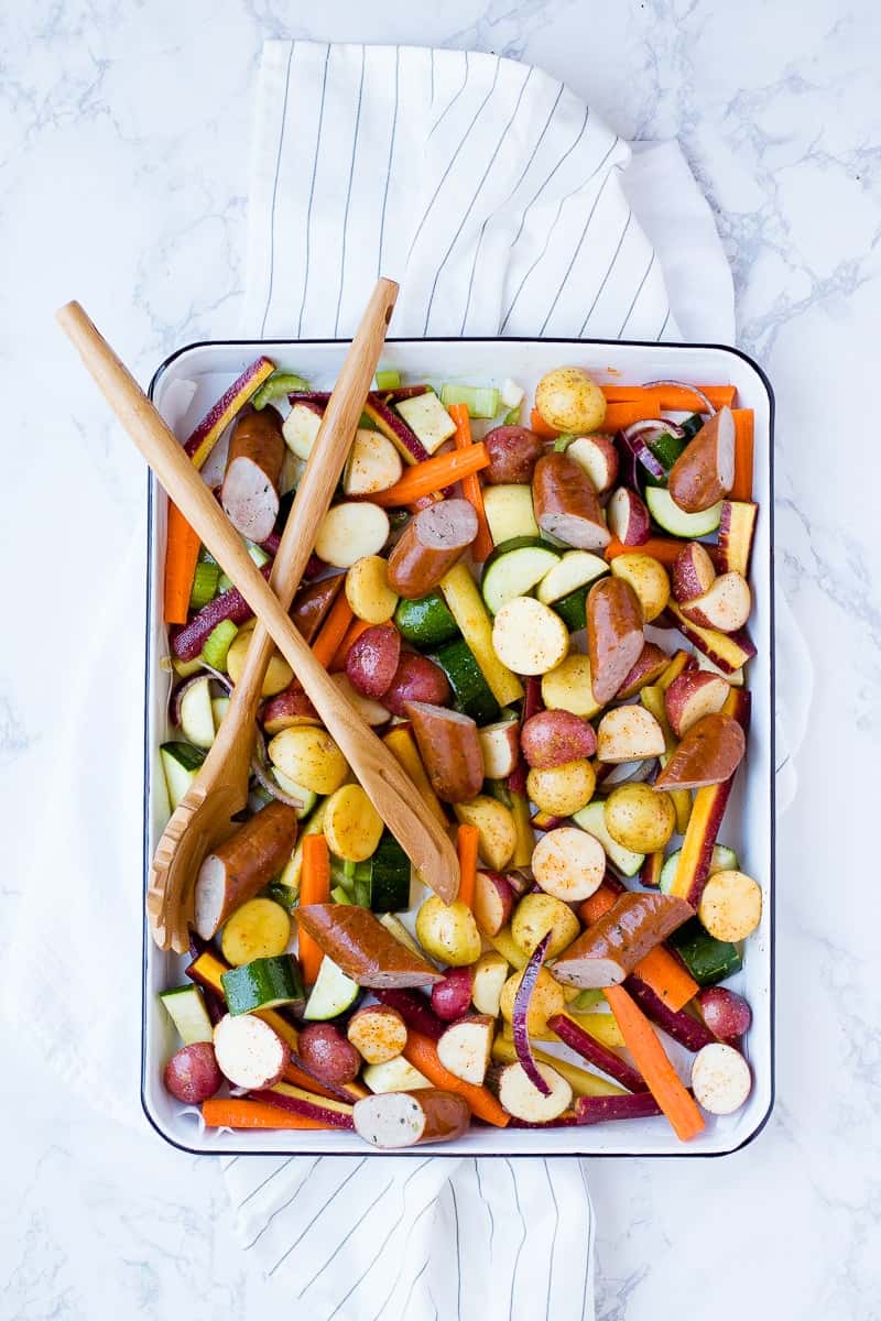 An overhead shot of Sausage and Veggies in a Sheet Pan
