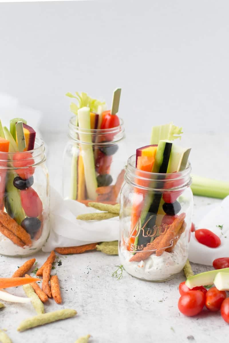 Homemade Dill Dip in mason jars with vegetable sticks