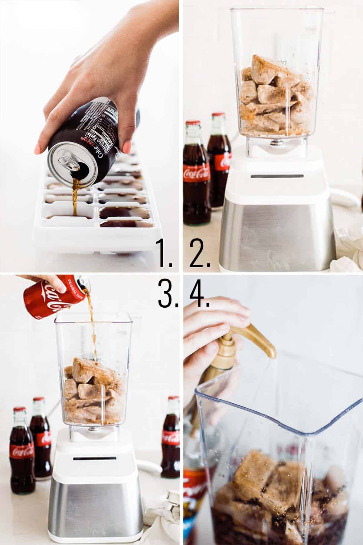 A collage of images showing how to make coke icee in a blender.
