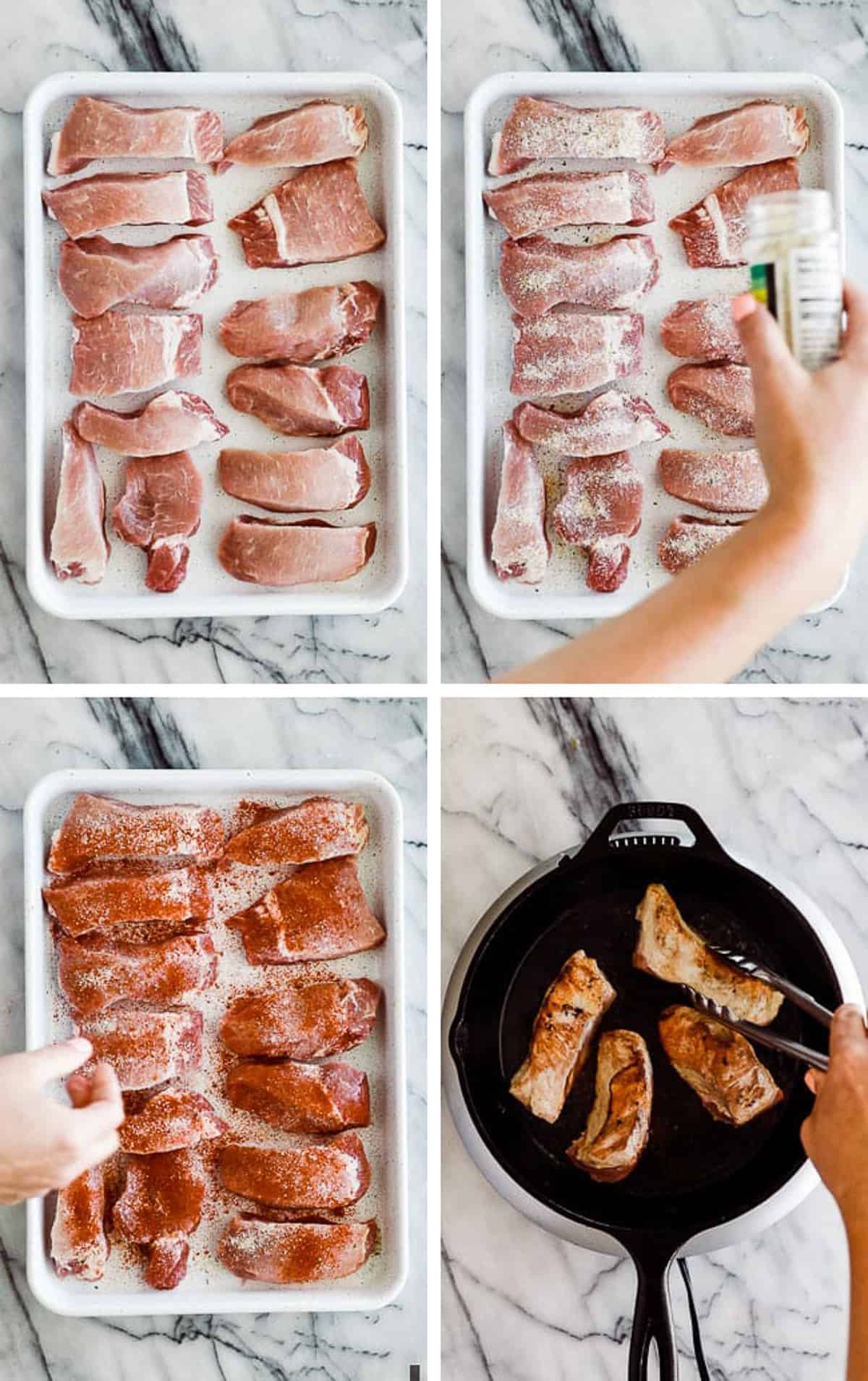 four photos of ribs being covered with a rub and seared in a pan. 