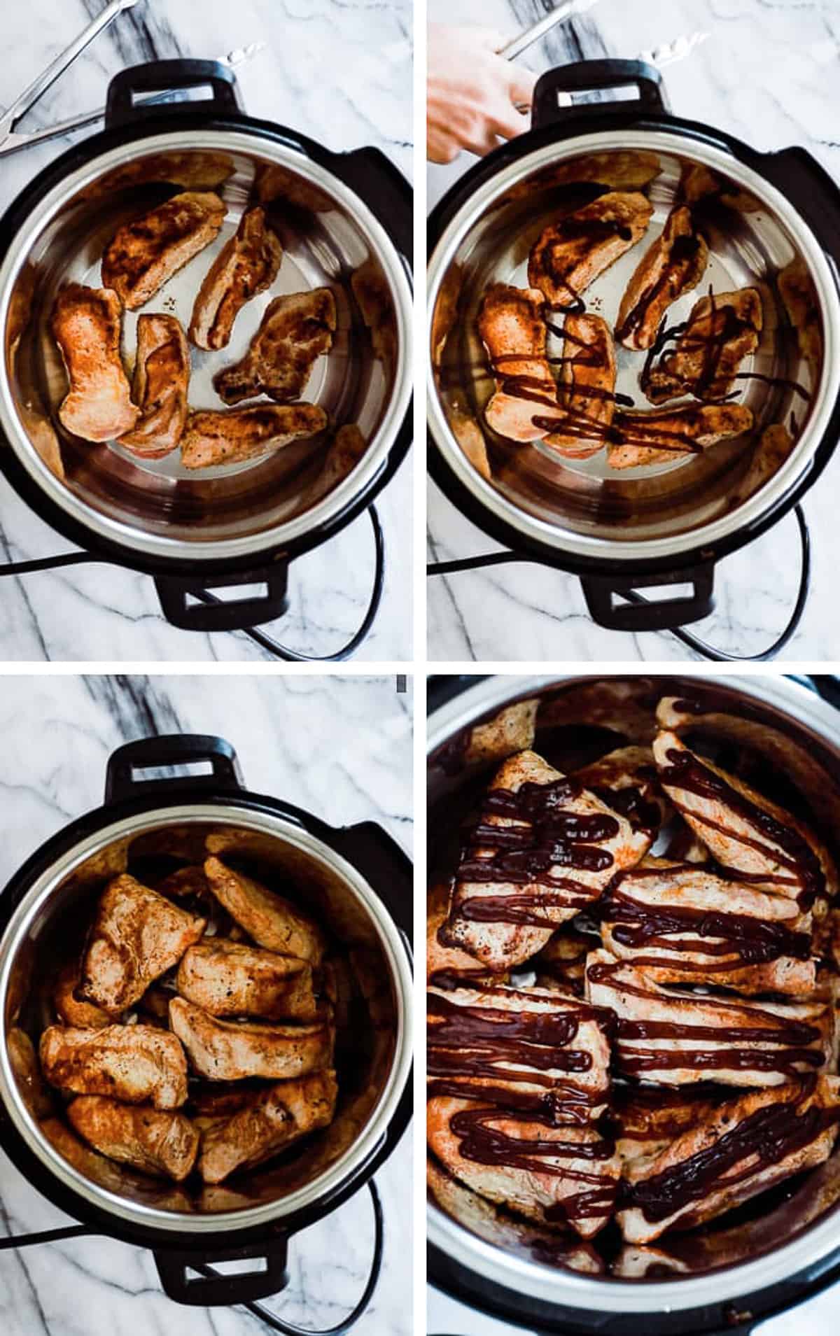 four photos of layering ribs and covering with barbecue sauce.
