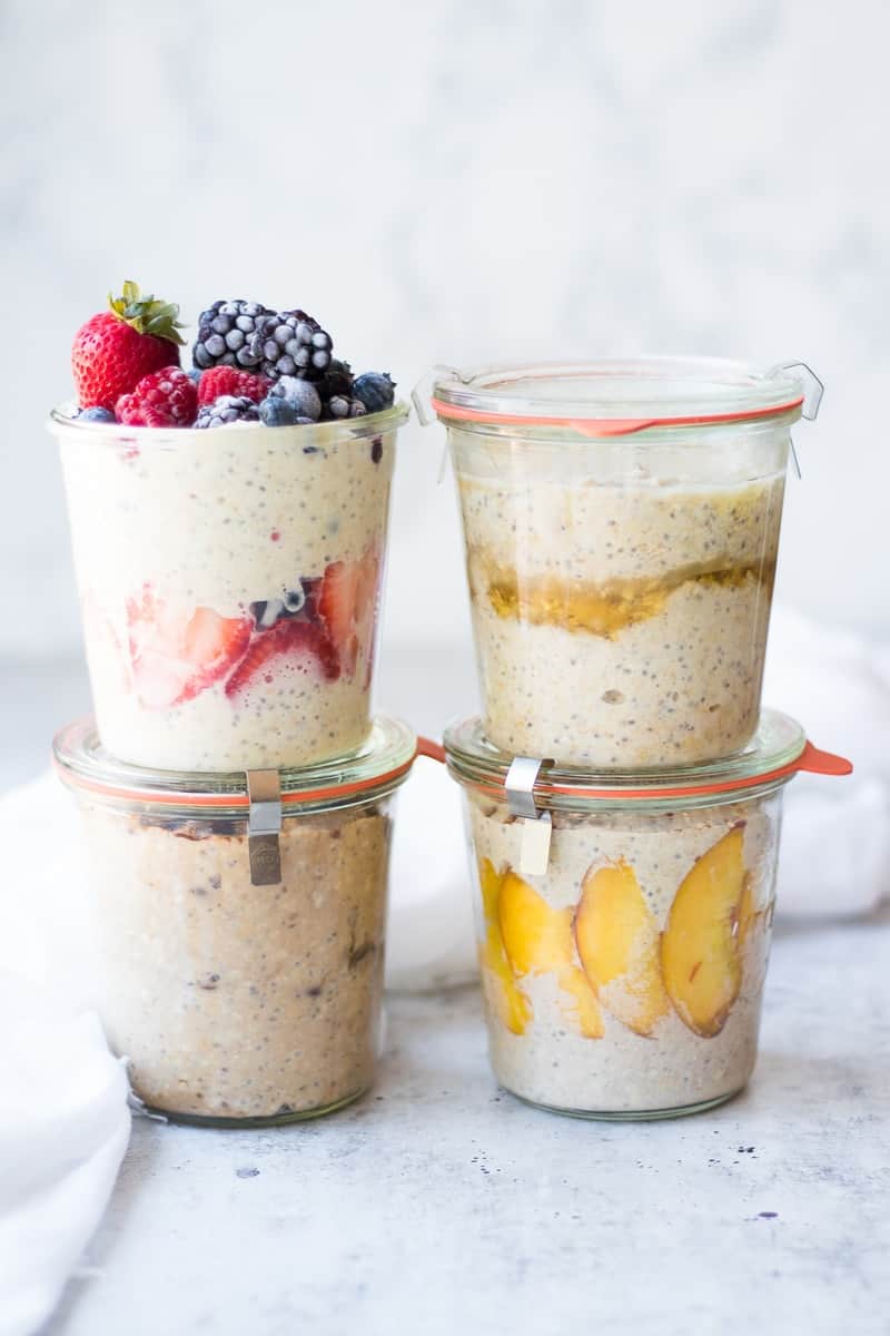 A close up of Overnight Oats in glass jars