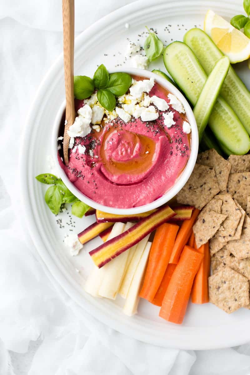 Pickled Beet Hummus with Goat Cheese | homemade appetizer recipes | how to make hummus | homemade hummus recipes | unique hummus recipes | easy hummus recipes | recipes using pickled beets | recipes using goat cheese | easy appetizer recipes | healthy appetizer recipes || Oh So Delicioso