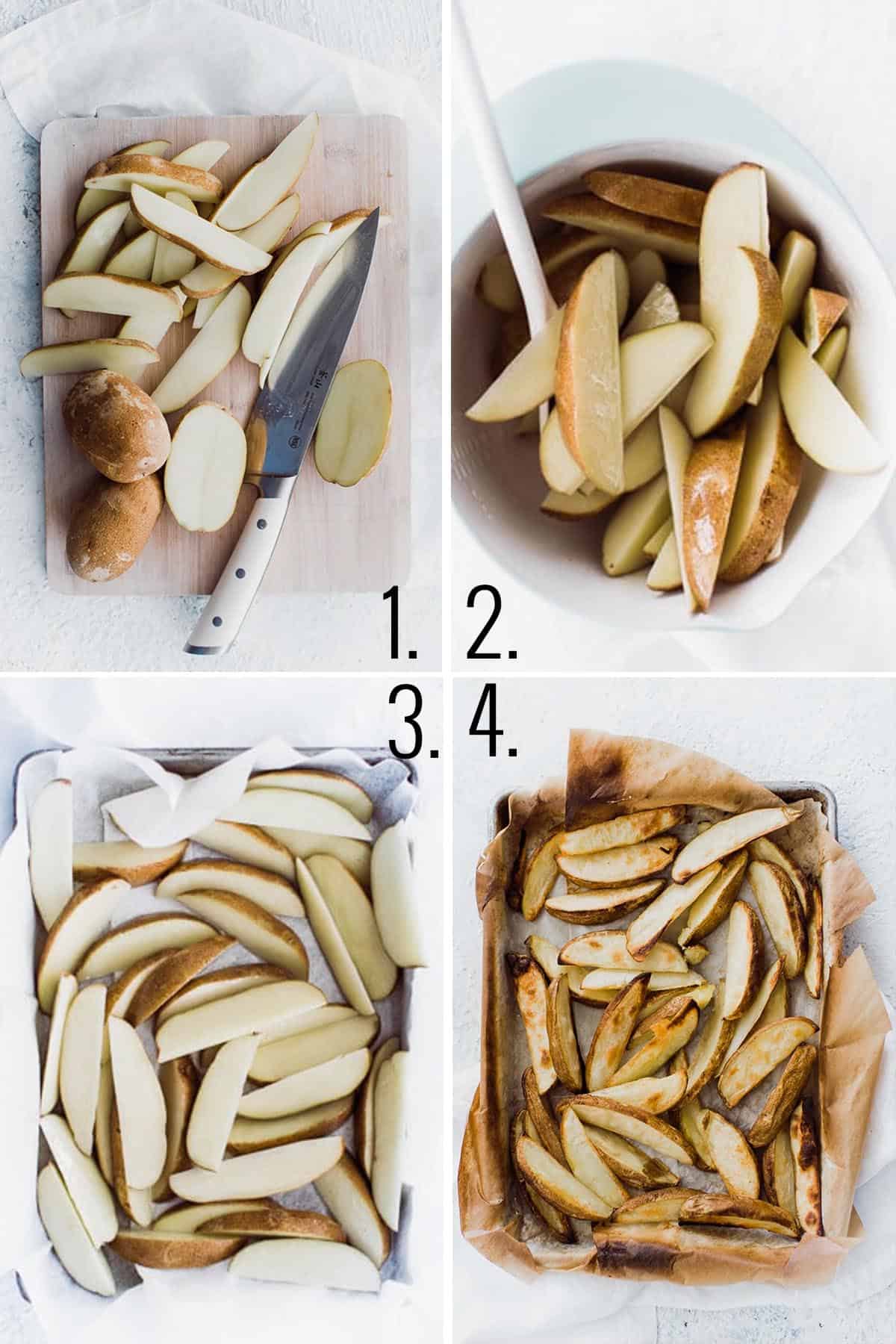Collage of making the potato wedges from cutting to baking in the oven.