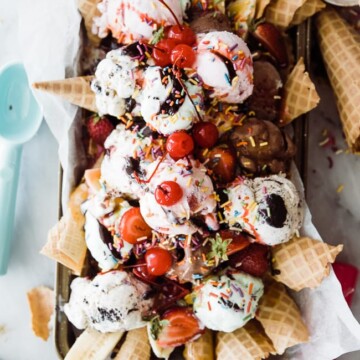 ice cream nachos piled high on a tray
