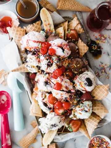 ice cream nachos piled high on a tray