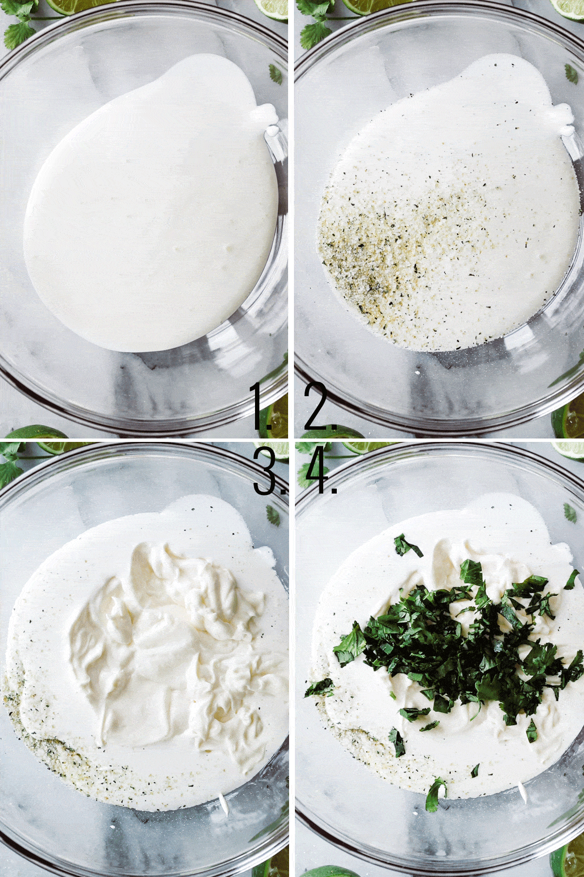 four photos showing ingredients added to bowl