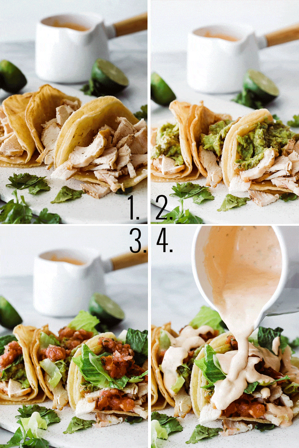 four photos adding layers of taco, lettuce, salsa and chipotle cream sauce to tacos