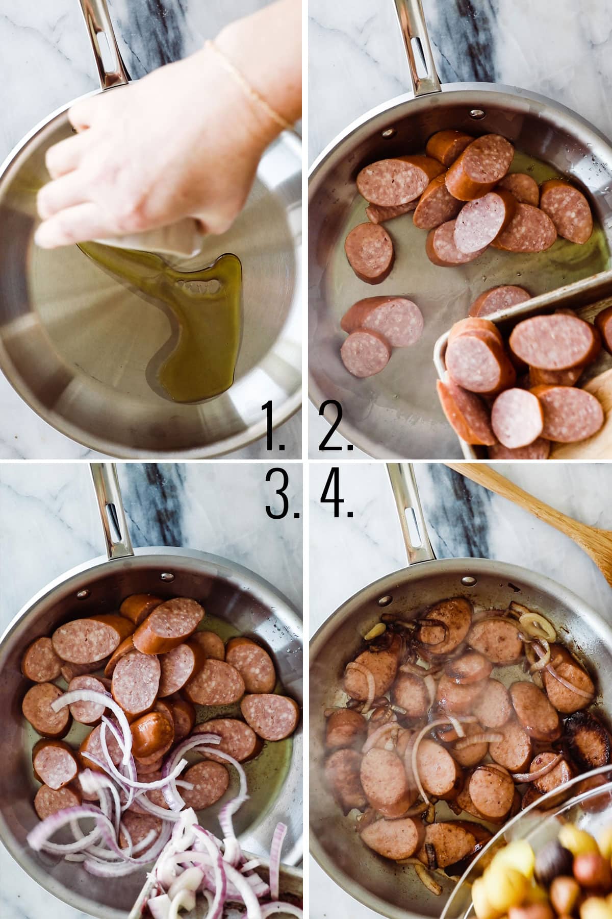 Collage of images showing how to make potatoes and kielbasa recipe.