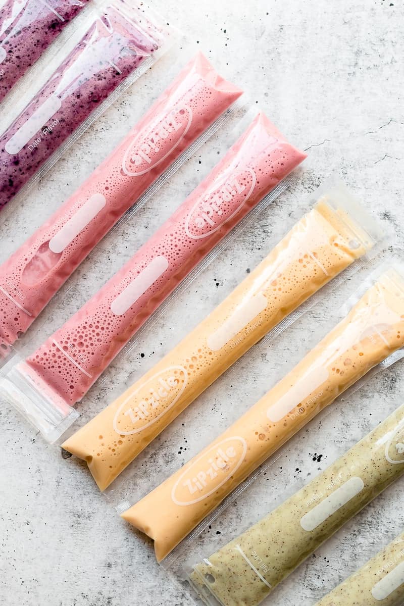 Homemade Go-Gurt lined up on marble counter