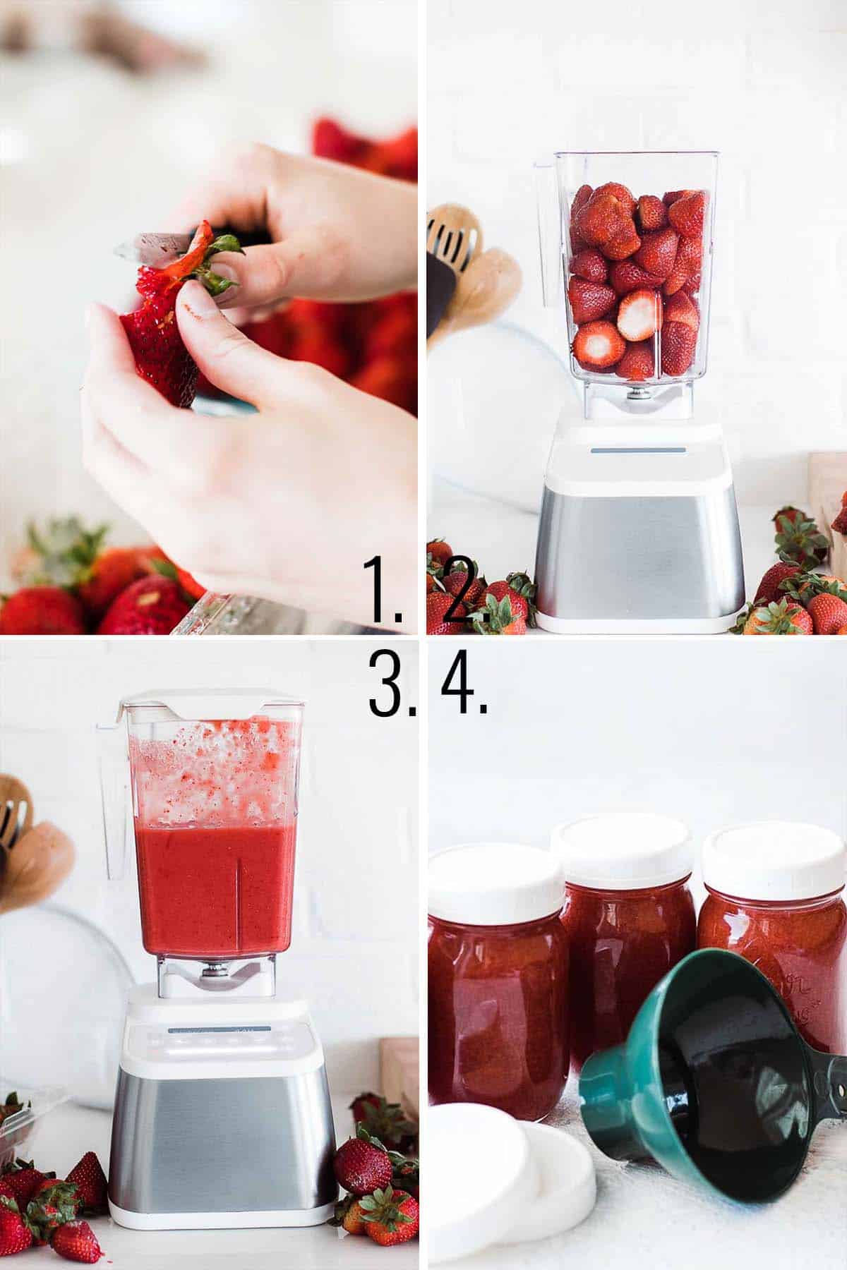 A collage of images showing the steps to make the best no-cook strawberry jam. 