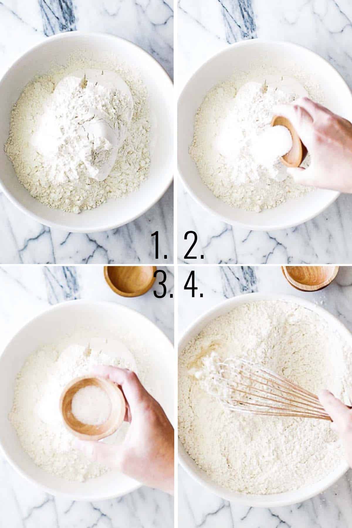 A collage of images showing the steps for mixing the dry ingredients to make a sweet pie recipe.