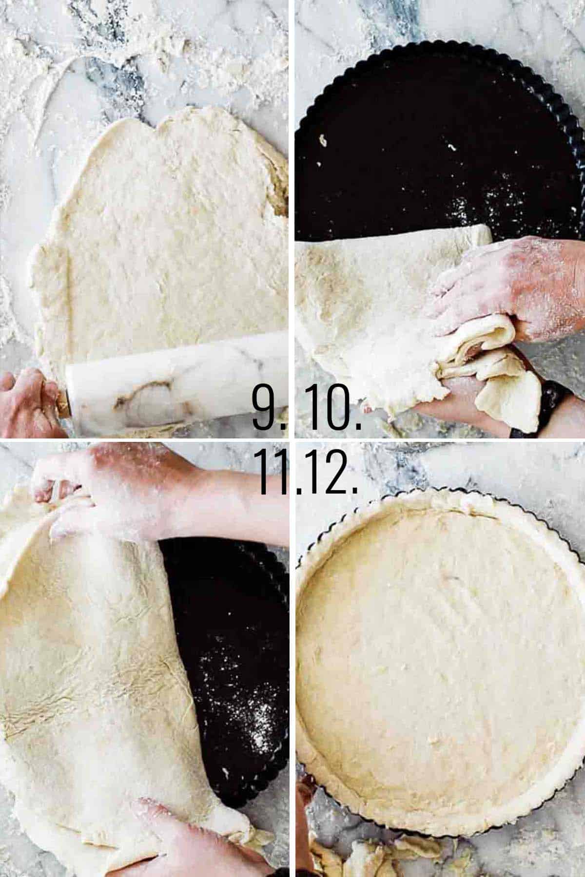 A collage showing how to roll out the dough, transfer it to a pie plate, and shape it to the pan.