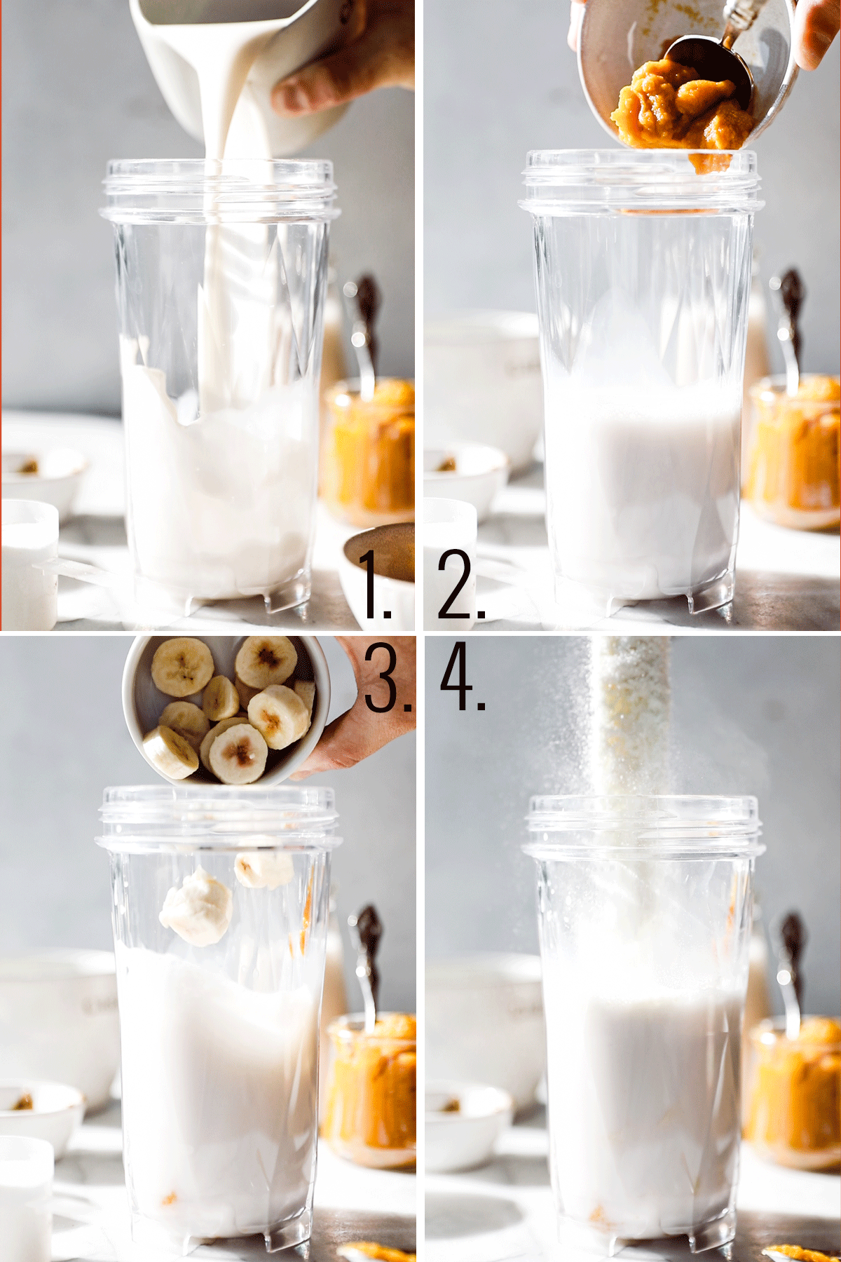 Four photos of a blender cup and ingredients being added: milk, yogurt, pumpkin puree, frozen banana, protein powder. 