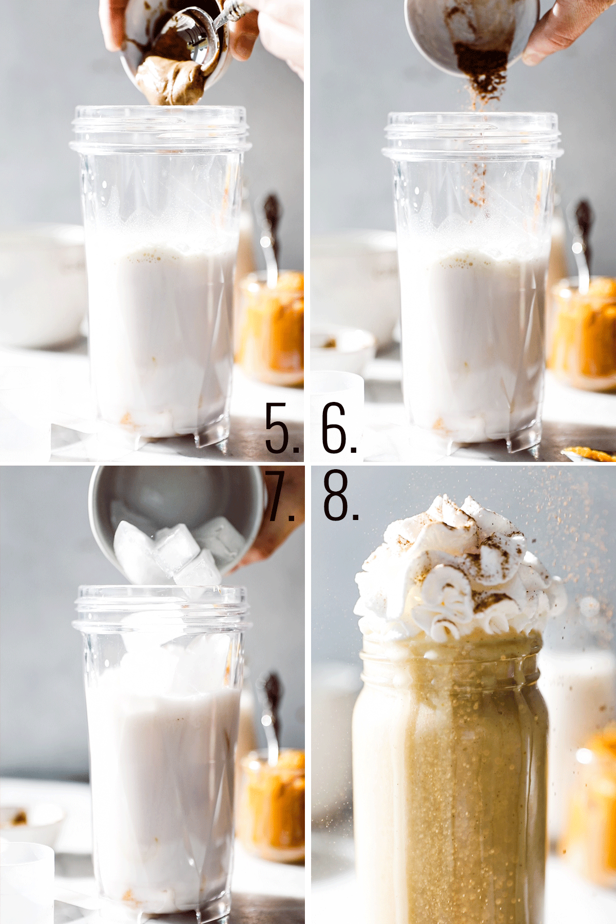 Four photos of blender cup and ingredients being added: almond butter, spices, ice and topped with whip cream. 
