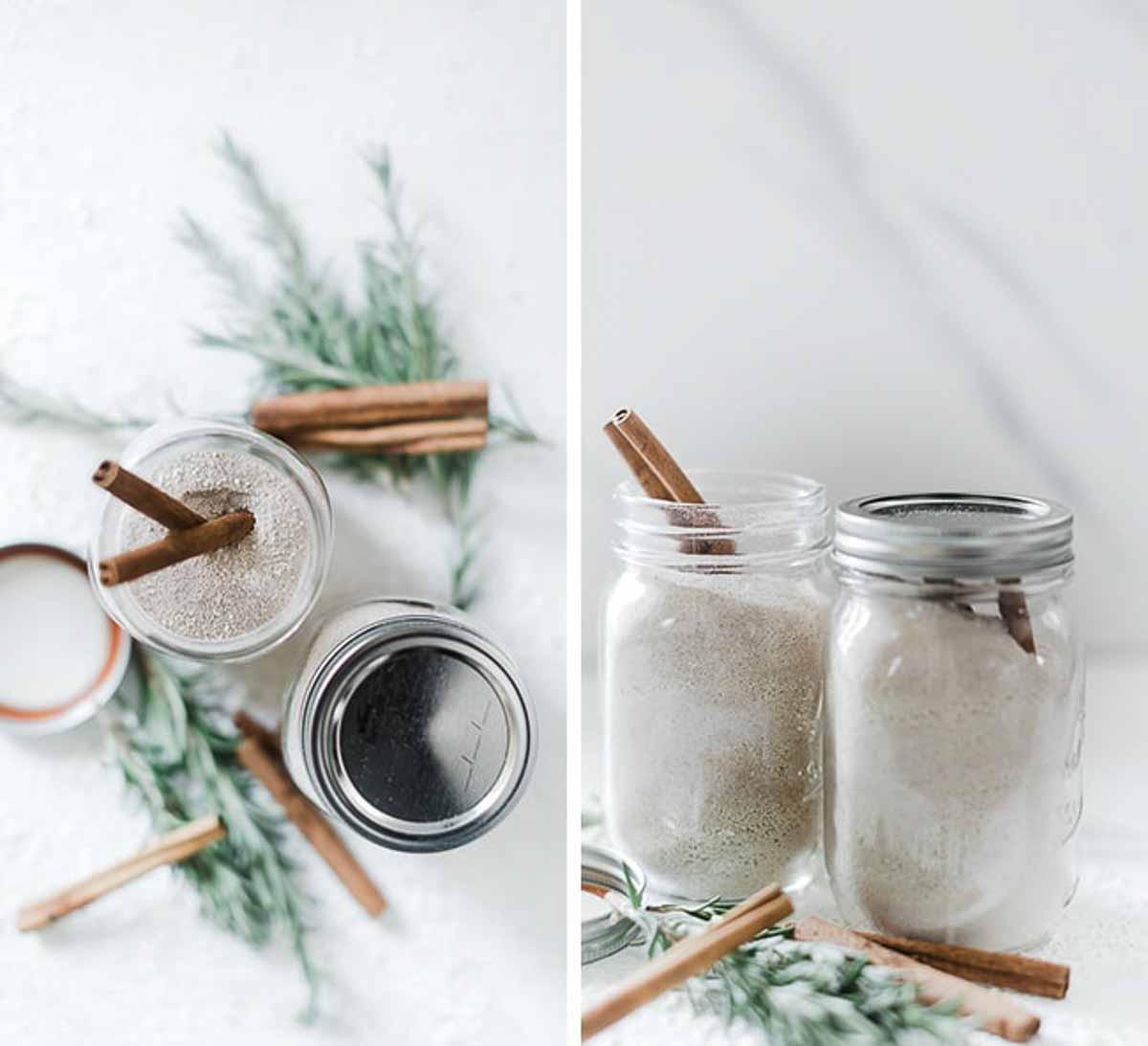 Hot milk powder mix in mason jars to give as gifts.