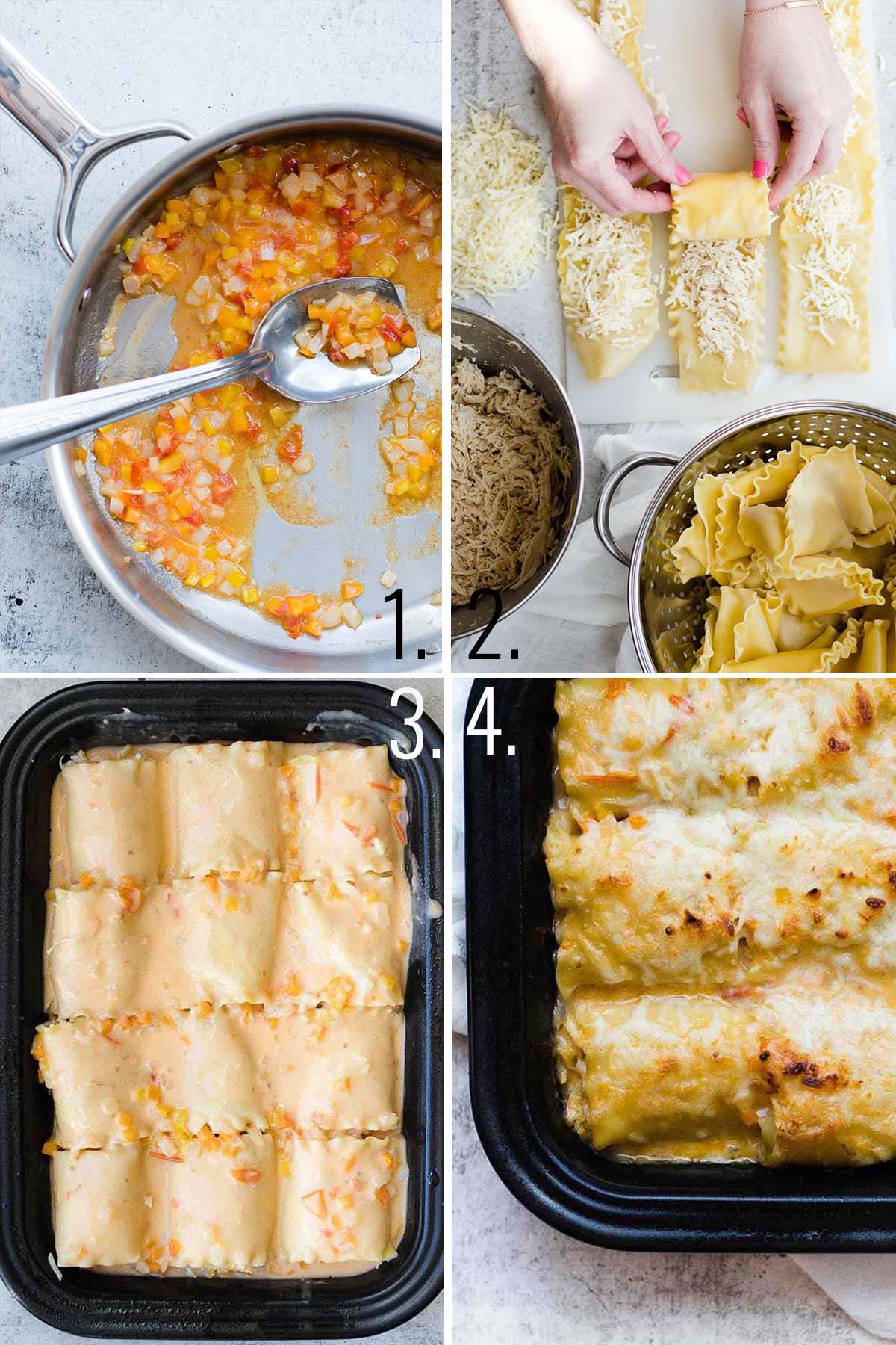 Collage of images showing how to make chicken lasagna rolls.