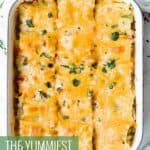 Pinterest graphic with image of chicken lasagna roll ups and text on top.