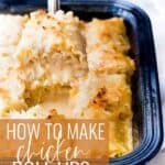 Pinterest graphic with image of lasagna rolls and text on top.