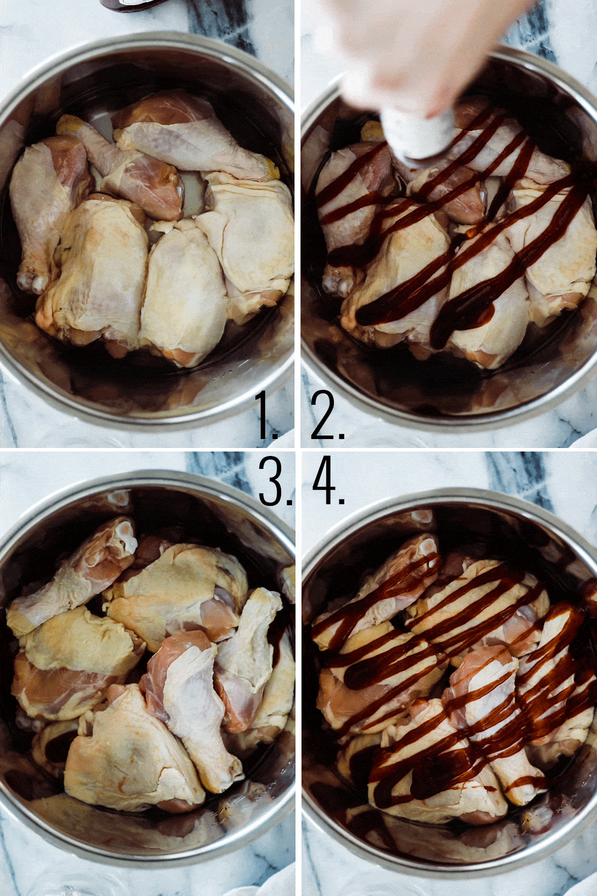 Raw chicken in instant pot with bbq sauce.