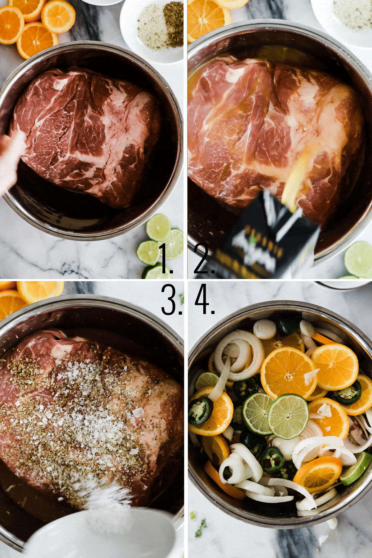 four photos showing adding pork shoulder and toppings added. 