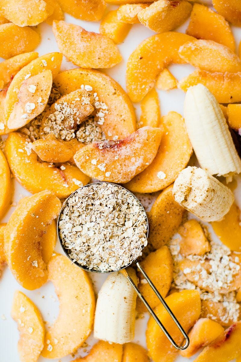 Peach Cobbler Smoothie ingredients on a tray