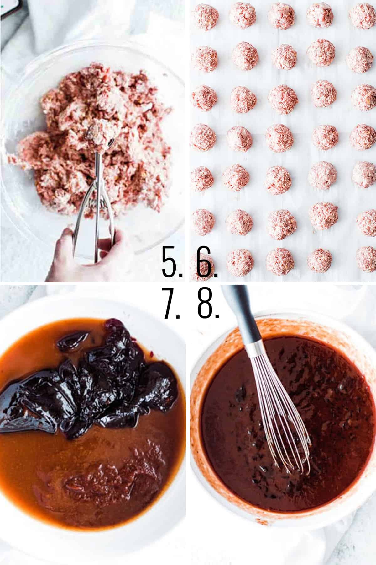 Collage showing shaping raw meatballs on parchment paper and mixing up the sauce.