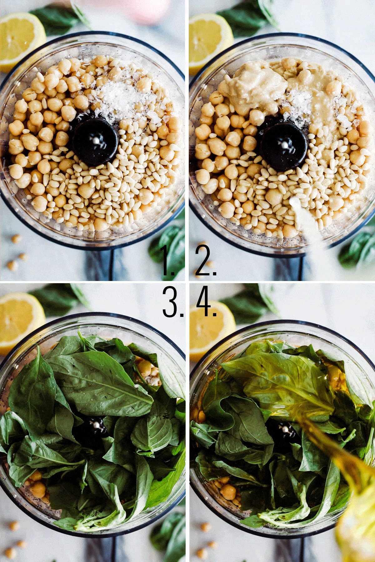 garbanzo beans, pine nuts, lemon juice, fresh basil and olive oil combined in a food processor. 