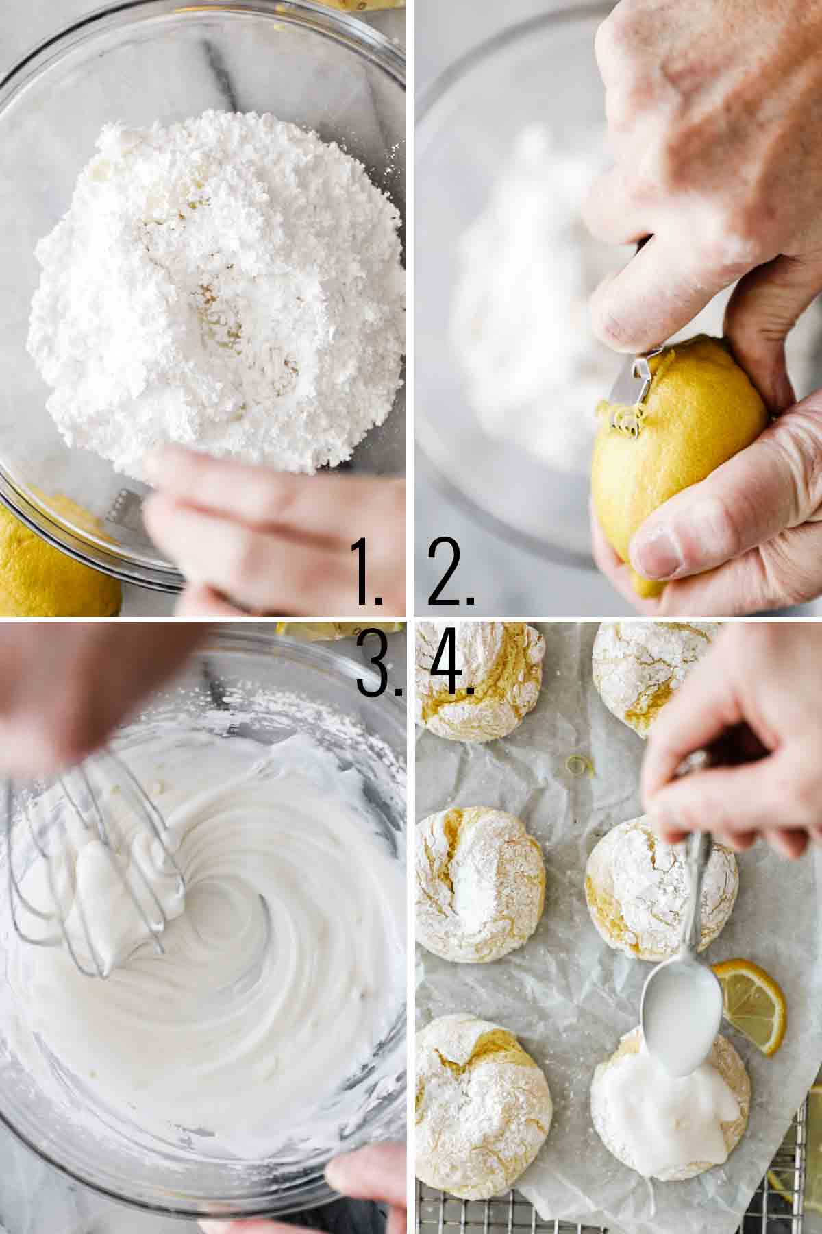 Four photos showing mixing powder sugar, adding lemon and frosting the cookie. 