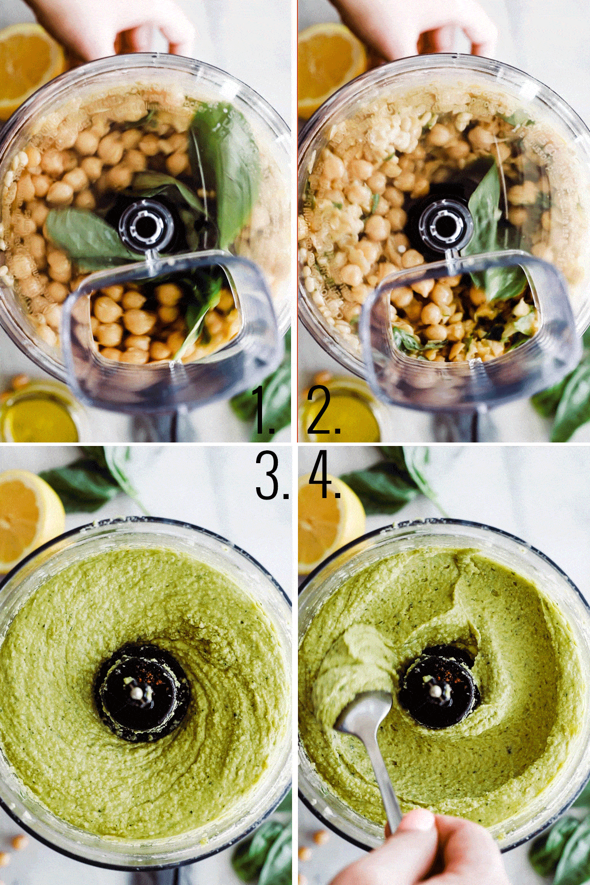 Food processor blending chickpeas and basil and all ingredients until smooth creamy hummus. 