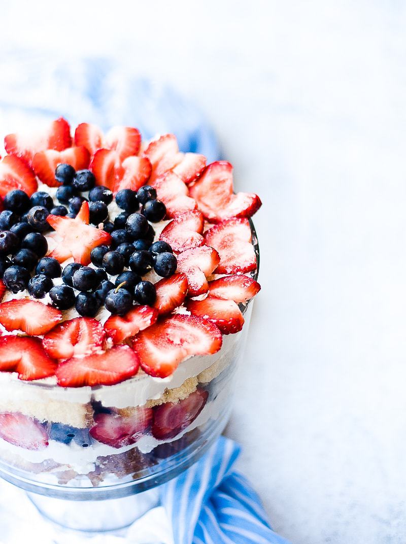 red, white and blue berry trifle