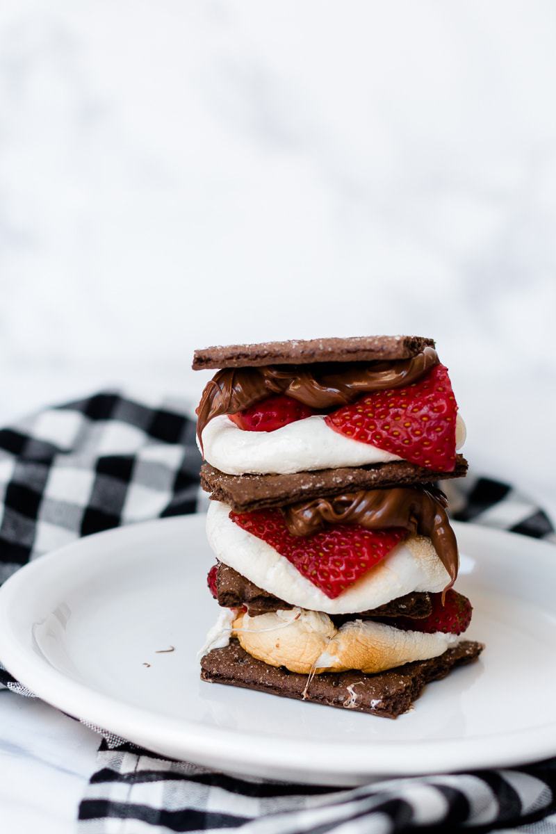 Chocolate Covered Strawberry S'mores on a white plate