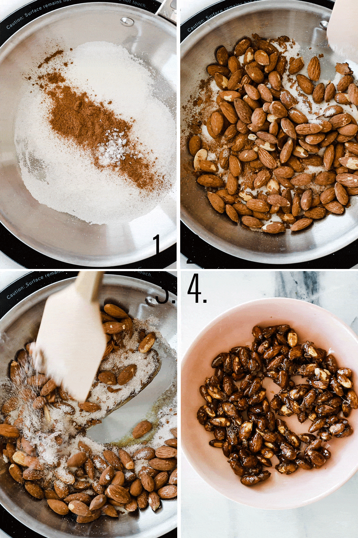 four photos of sugar, cinnamon, almonds and salt in a sauce pan, sugar being melted and transferred to a bowl. 