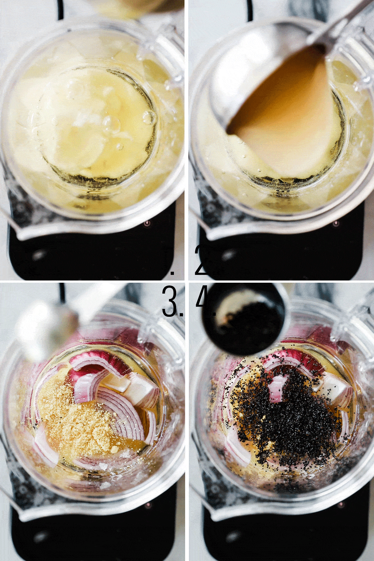 four photos adding ingredients to blender for dressing.