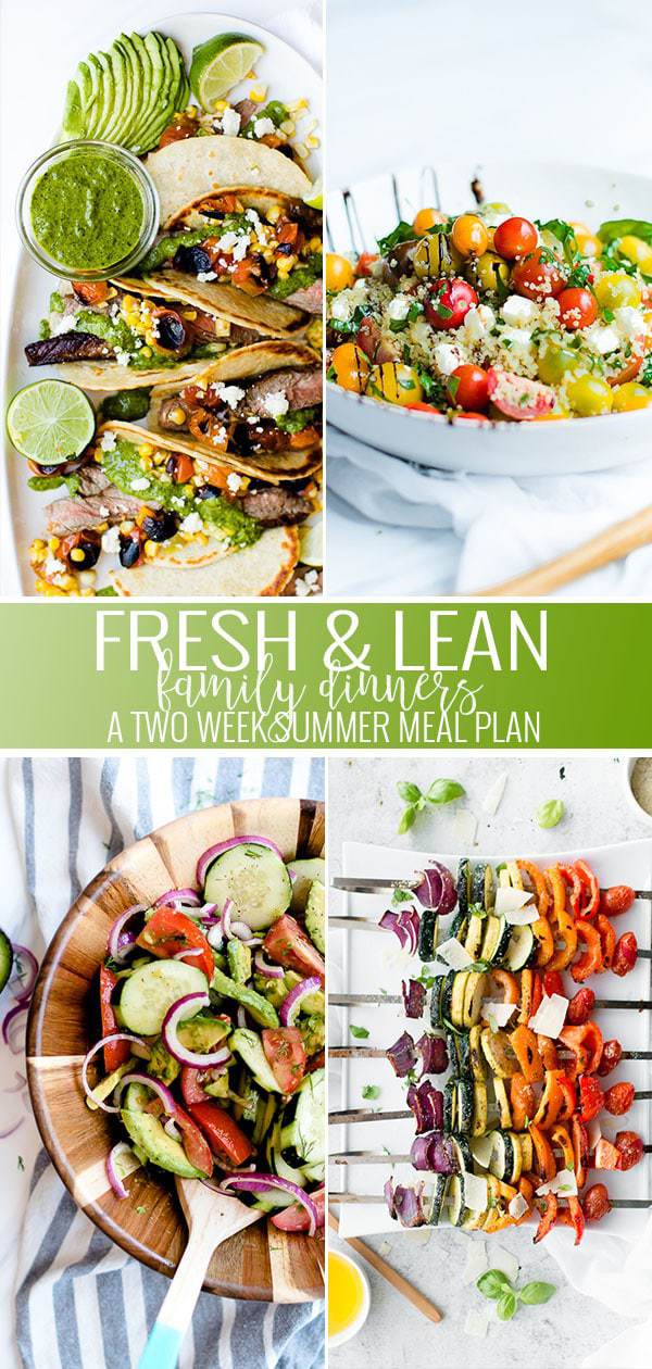 A collage of summer meal plan meals including chimichurro tacos, caprese salad, cucumber salad, and veggie skewers