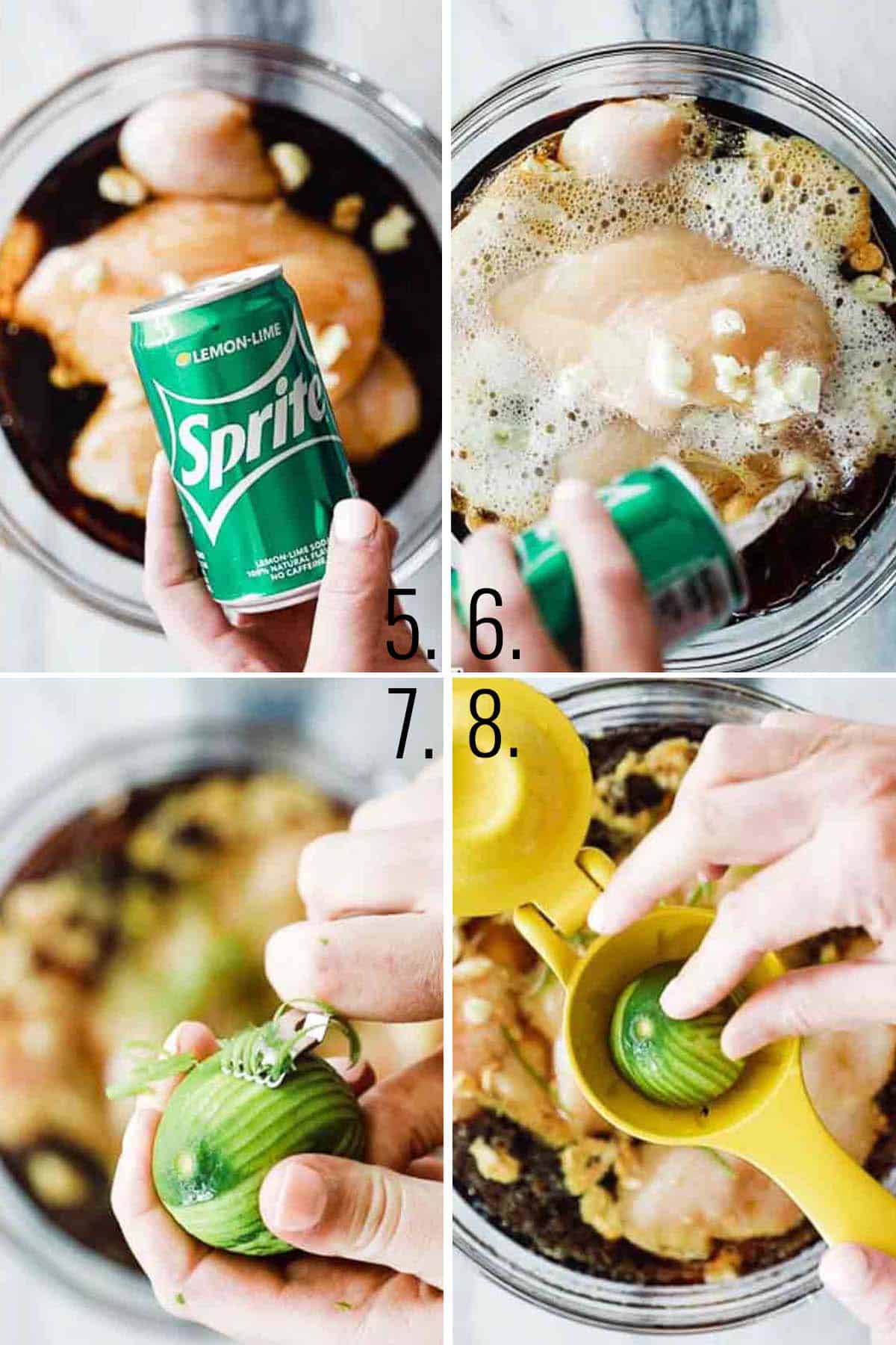 A collage of images adding sprite to the chicken marinade and then the lime zest and juice.