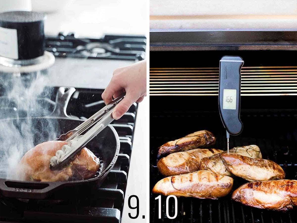 A  collage showing cooking the chicken in a pan and on the grill taking its temperature.