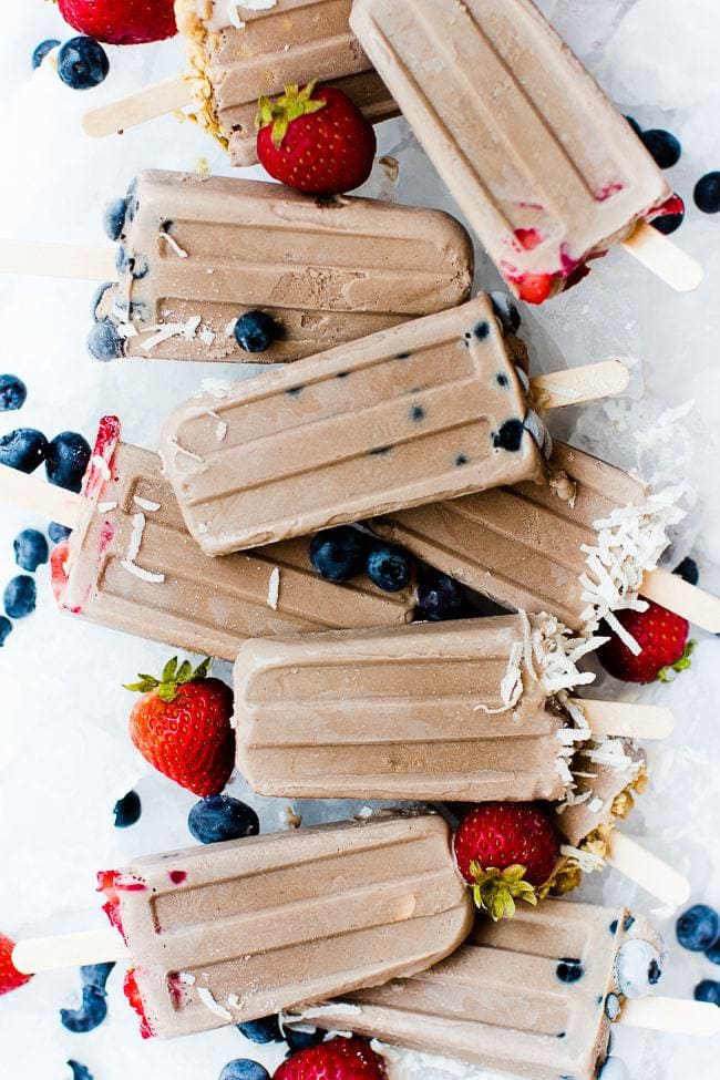 chocolate protein smoothie popsicle with fruit and ice