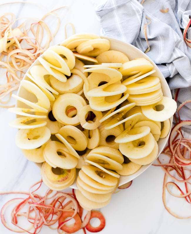 peeled and cored apples with kitchenmaid spiralizer