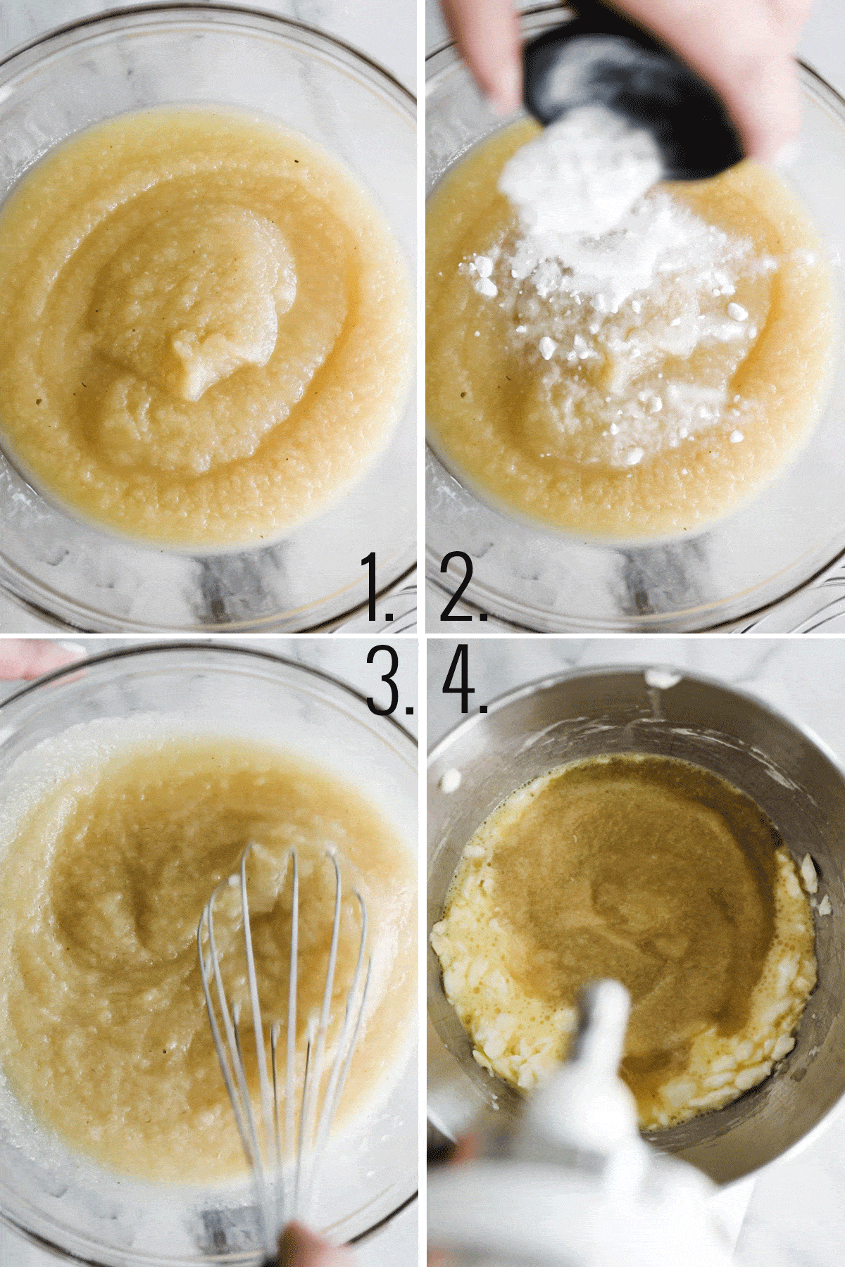 4 step by step photos showing adding applesauce to bowl and mixing. 