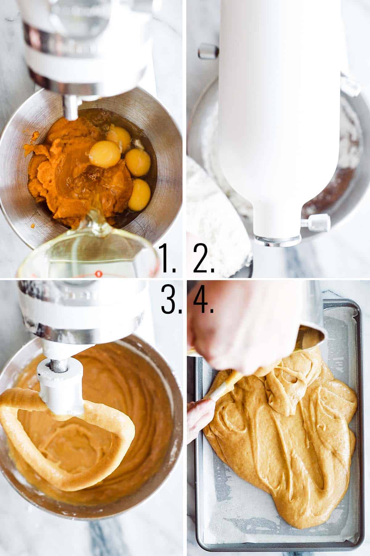 Collage of mixing the cake batter and then spreading it in a baking pan.