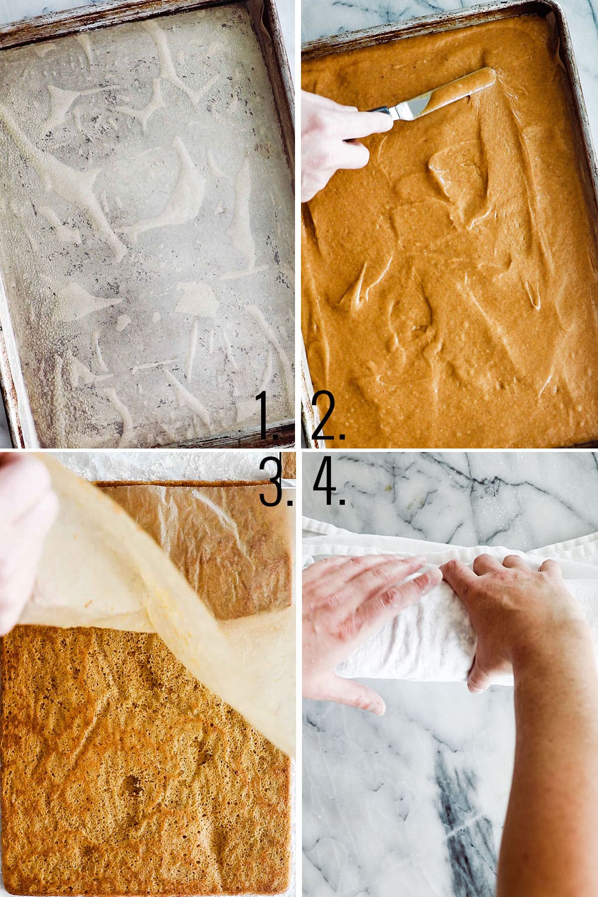 four process shots of inverting the cake peeling off parchment paper and rolling warm makeup in flour sack towel