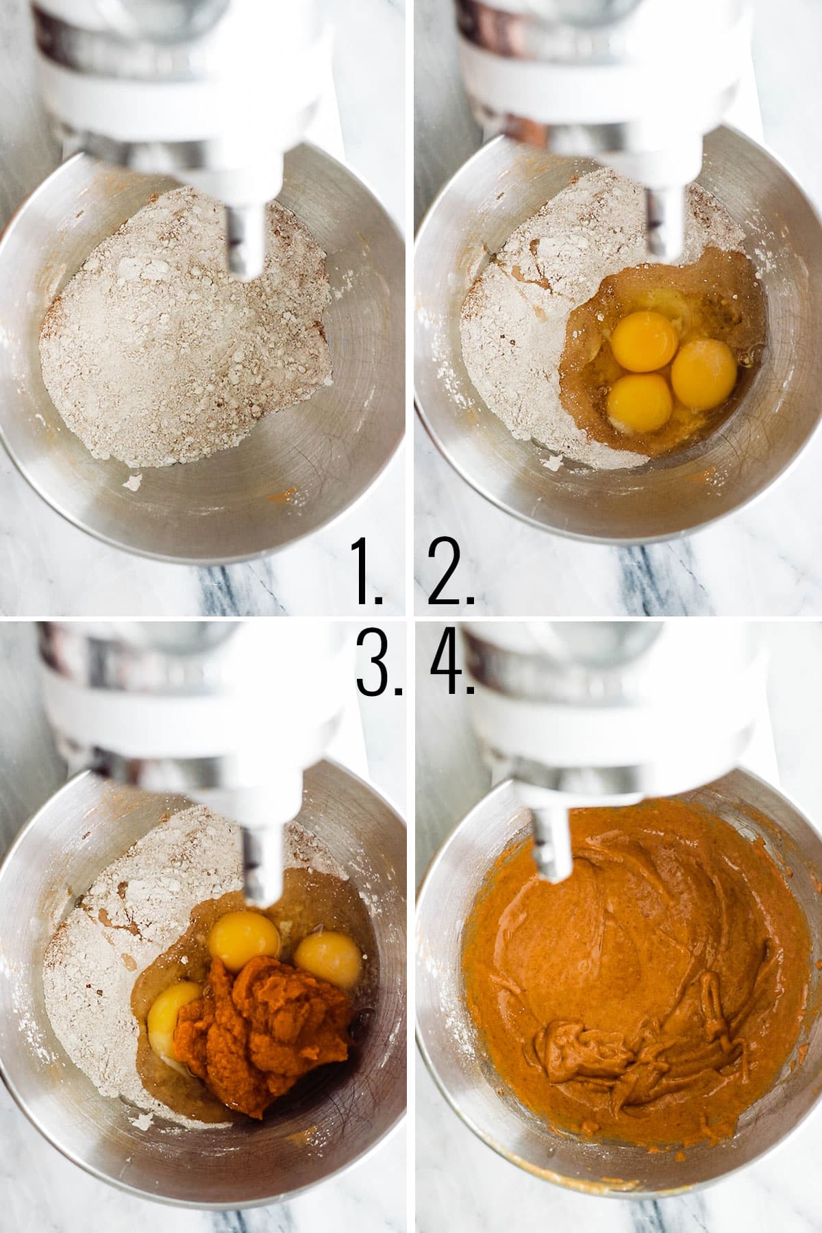 Adding wet ingredients to a mixer with dry ingredients 
